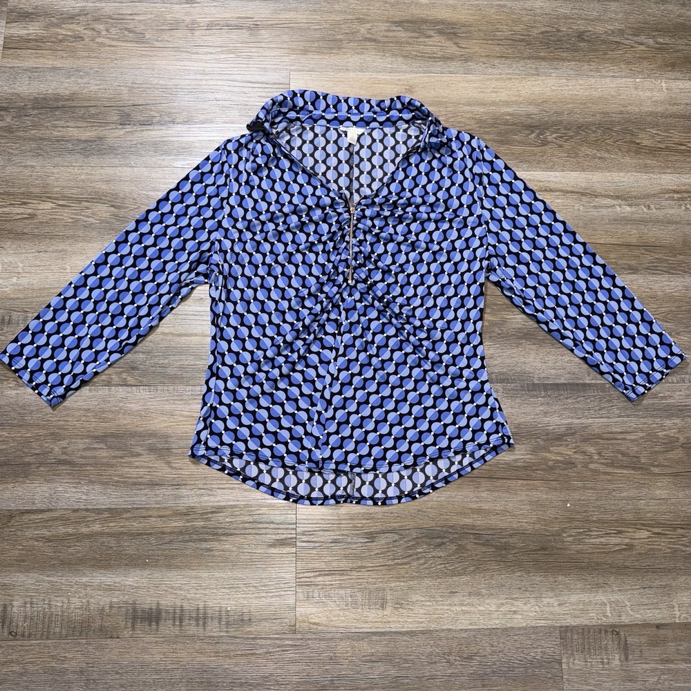 CATO Blouse Womens Large Blue Black Geometric Pattern Zippered Front